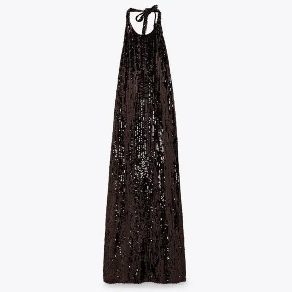 Zara Festive Sequin Halter Maxi Dress Brown NWT Size Small - Picture 6 of 12
